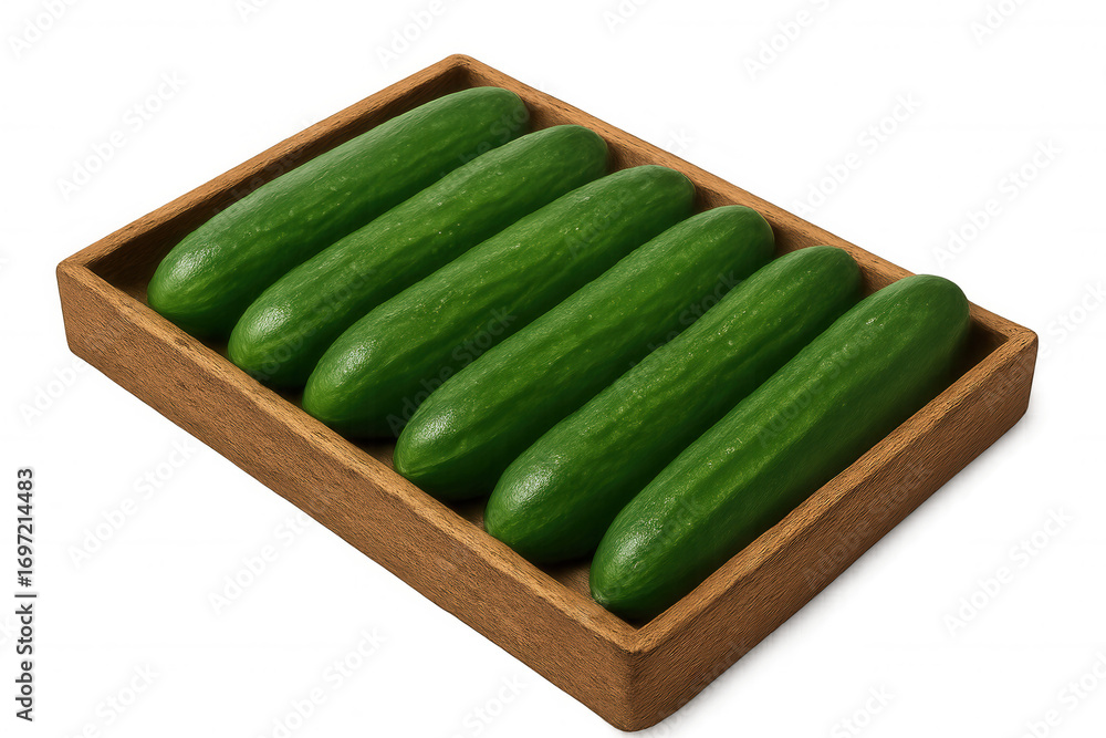 Poster five cucumbers are neatly arranged in a wooden crate, set against a transparent background, ready fo