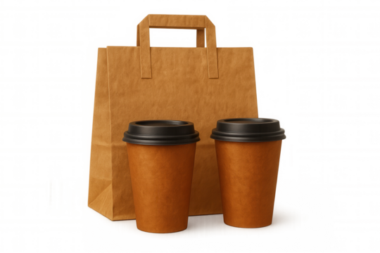 Two disposable coffee cups and a paper bag are ready for takeaway, featuring a transparent background for easy compositing
