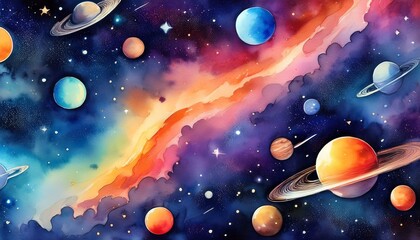 Naklejka premium watercolor galaxy with planets cosmic wallpaper