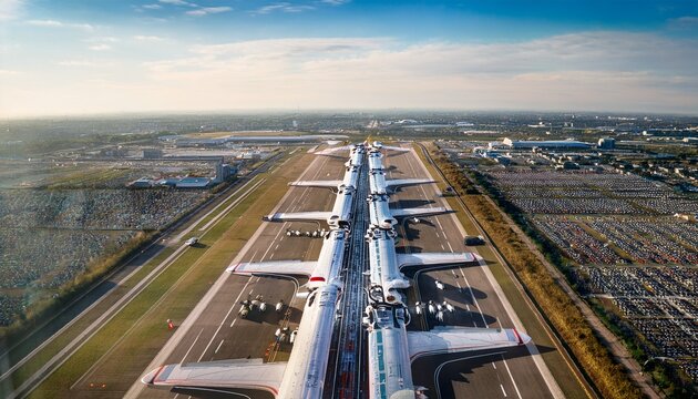 an aerial view of heathrow airport runway showing multiple planes taxiing and preparing for departure