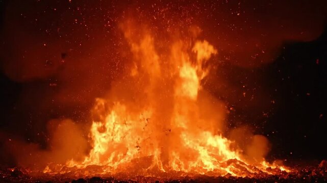 A vivid explosion of orange flames and sparks against a dark background creating a dynamic scene