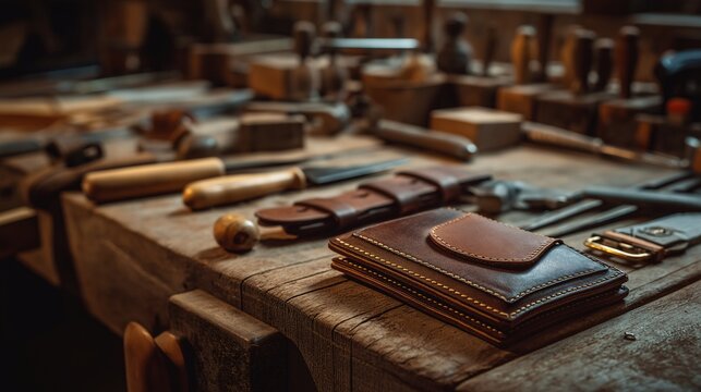 Handcrafted leather wallet belt key holder wooden surface artisan craftwork brown accessory traditional tooling skill handmade organic natural texture display workshop