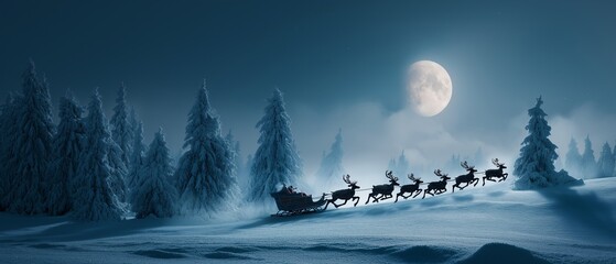 Santa Claus riding sleigh with reindeer across snow covered landscape under moonlight creating magical winter scene with evergreen tree silhouette against night sky