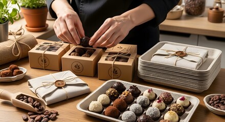 Artisan chocolatier carefully packages handmade chocolates into gift boxes