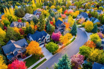 This aerial view captures a suburban neighborhood during the fall season, showcasing colorful trees that line the streets.