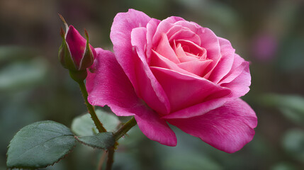 Vibrant Pink Rose in Bloom with Thorny Stem. A stunnng close-up of a single, vbrant pink rose in full blom, showcasing its intricae and delicate petals. Theflower is set against a sot, muted