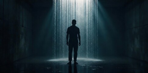 Fototapeta premium Silhouette of a lone figure standing under a shower, water cascading down, conveying feelings of sadness and solitude The dim lighting enhances the melancholic mood , dim, cascade, loneliness