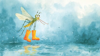 Fototapeta premium A cheerful mosquito wearing bright yellow boots splashes in a blue, watercolor scene, evoking a whimsical and lighthearted atmosphere.