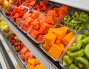 Freshly cut fruit in clear plastic containers on supermarket shelves