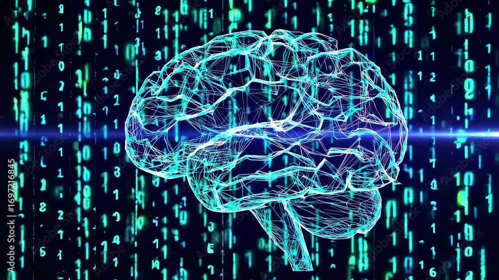 Poster futuristic video concept with a digital brain in wireframe style, surrounded by binary code. front-f