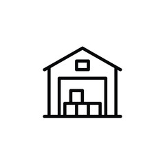Simple line art icon of a warehouse building with boxes inside