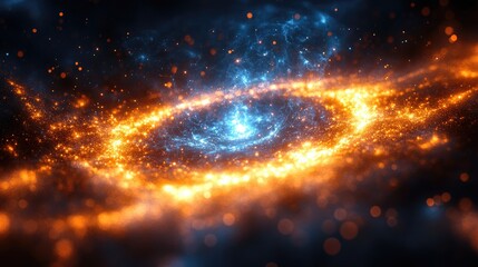 Vibrant galaxy formation with glowing particles and swirling cosmic dust clouds