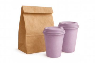 Two purple disposable coffee cups and a brown paper bag stand on a transparent background, ready for takeaway orders