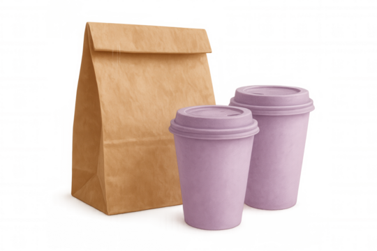Two purple disposable coffee cups and a brown paper bag stand on a transparent background, ready for takeaway orders
