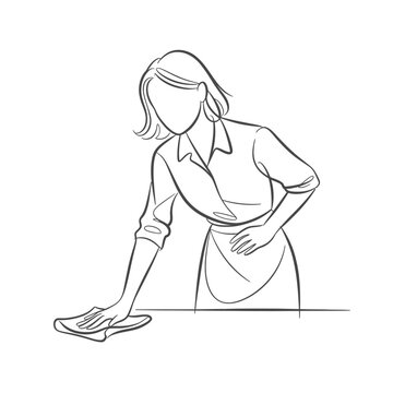recommend clip art: Woman cleaning a surface with a cloth in a simple line drawing style