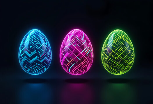 Futuristic Neon Easter Eggs with Geometric Circuit Patterns on Dark Background  
Digital Holiday Illustration Blending Traditional Symbols with Cyberpunk Glow
