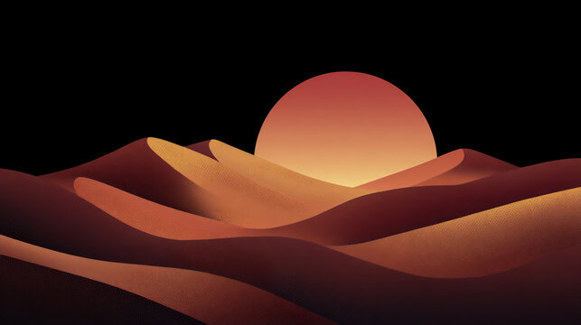 A vector illustration of sand dunes in the desert with an abstract sun setting behind them, creating a gradient effect from light to dark peach and pink hues on a black background.