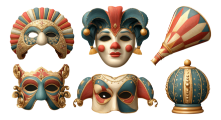 Colorful Vintage Carnival Masks and Decorative Props on Transparent Background