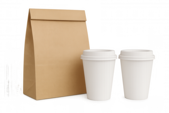 Two white disposable coffee cups and a brown paper bag stand on a transparent background, ready for takeaway or delivery