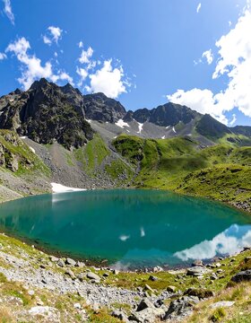 Mountain lake panorama under a partly cloudy sky (2)