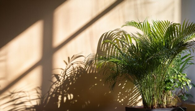 sunlit plants and shadow play indoor greenery basks in natural light with shadows creating a tranquil scene indoors evoking feelings of calm and well being - Powered by Adobe
