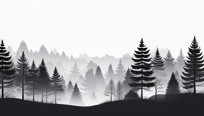 Obraz premium trees with a forest with misty fog in the air black and white silhouette outline style landscape background