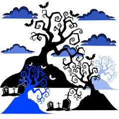 Halloween, festival, scary, background, big black tree, dark blue, cloud, grave, vector, hand-drawn, ghost, demon