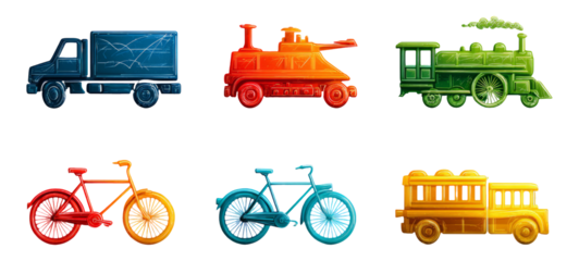 Colorful Toy Vehicles Collection on Transparent Background