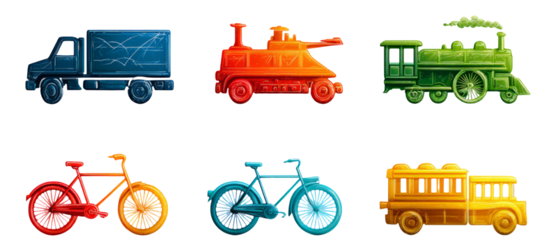 Colorful Toy Vehicles Collection on Transparent Background