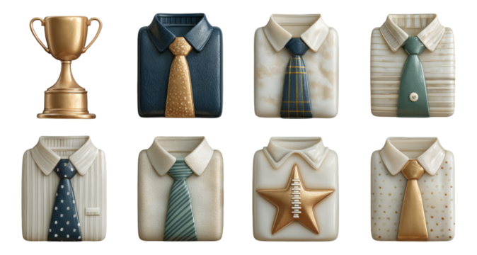 Elegant Trophy and Shirt Icons with Ties in Various Styles and Colors