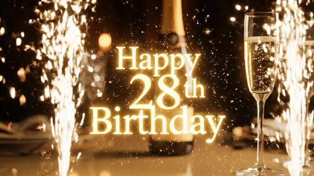 A Sparkling 28th Birthday Celebration with Golden Text, Champagne Toast, and Festive Particles - Powered by Adobe