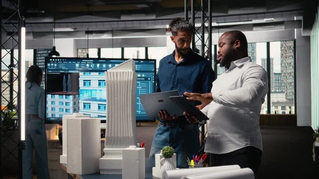 Multiethnic group of developers and contractors discussing urban housing models and blueprints layout revisions for upcoming residential development project. Smart city planning session. Camera A. - Powered by Adobe