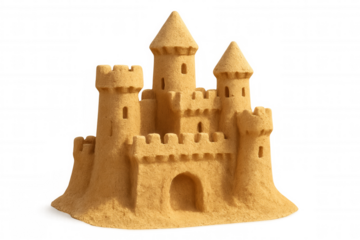 Intricate sandcastle with towers and gate, showcasing creativity and summer fun on a transparent background