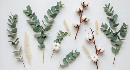 Eucalyptus cotton stems and pampas grass sprigs lie on a white surface