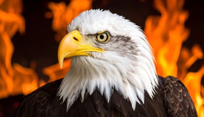 Bald eagle portrait against fiery backdrop
