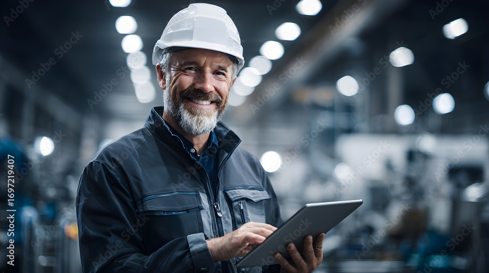 Poster smiling engineer using digital tablet in factory