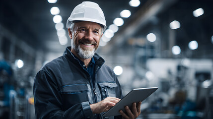 Smiling engineer using digital tablet in factory