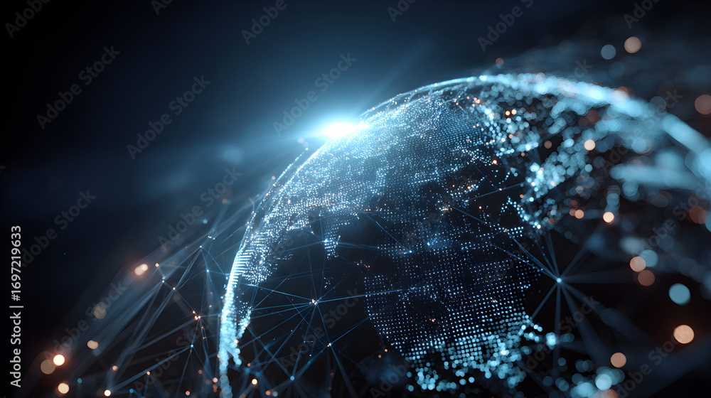 Poster planet earth rotating showing connections and data exchange in cyberspace