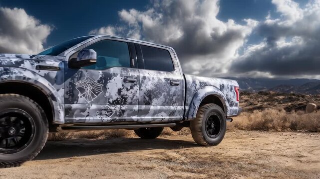 Camouflaged pickup truck parked on a dirt road, against a cloudy sky and distant mountains