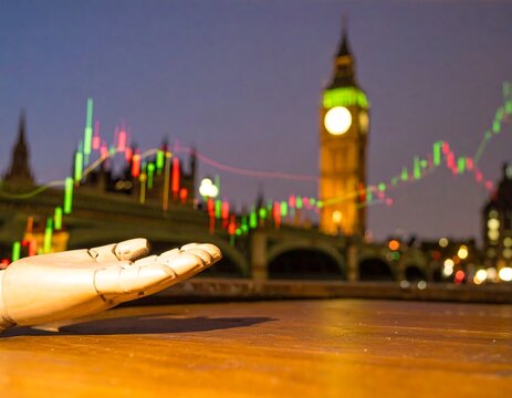 Wooden hand reaching out over cityscape with financial charts - Powered by Adobe