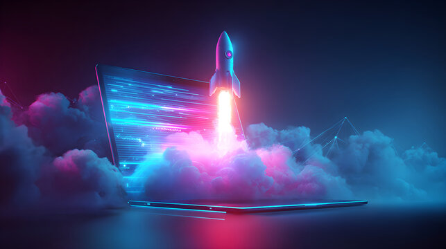 Rocket launching from laptop screen symbolizing startup success