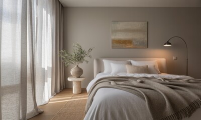 A light-filled bedroom with neutral tones
