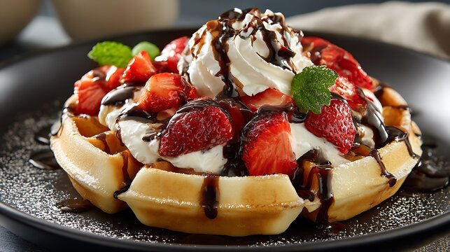 Deliciously plated waffles topped with strawberries, whipped cream, and chocolate sauce, served in a cozy cafe - Powered by Adobe