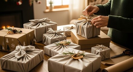 Woman wrapping gifts for christmas or birthday celebration