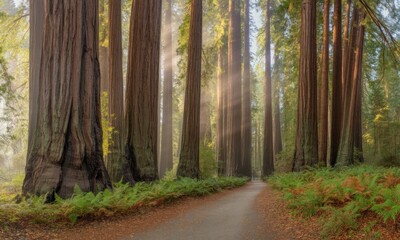 Fototapeta premium Sunlight filtering through redwood forest. Misty path winds through tall trees