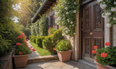 Naklejka premium Sunny garden path to ornate front door