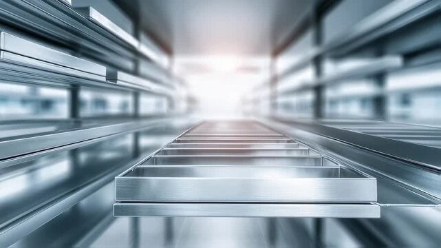 Shot of metal storage shelves emphasizing modular design and organized compartments main shelves in sharp focus and the rest of the storage area softly blurred.