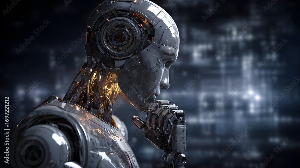 Poster futuristic robot thinking in front of digital background