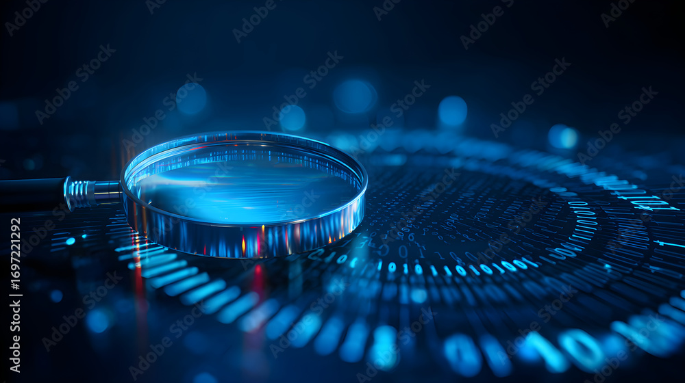 Poster magnifying glass exploring binary code in digital world
