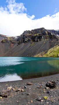 Mountain lake reflecting a blue sky